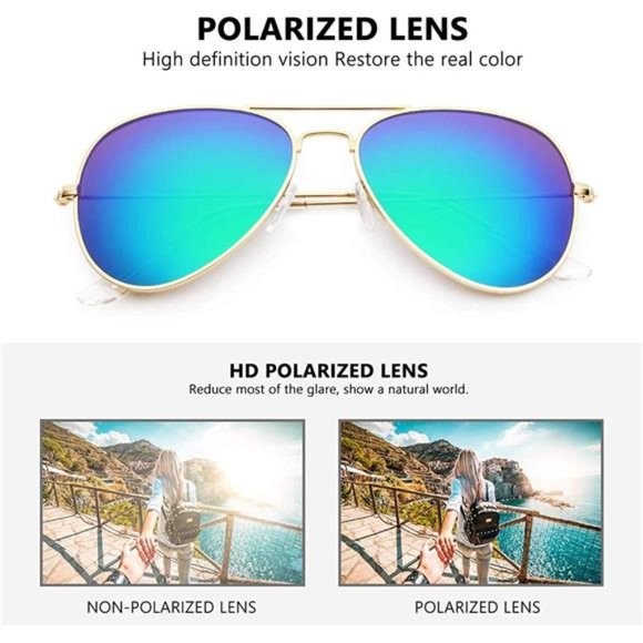 2 Pack Sunglasses Men Women Aviator Polarized Metal Mirror UV400 Lens Protection - Picture 5 of 6